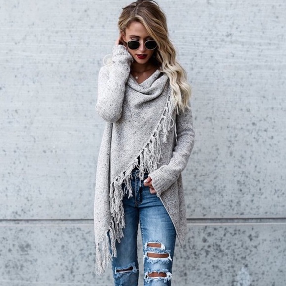 Sweaters - Fringe Trim Wrap Style Marled Cardigan Sweater